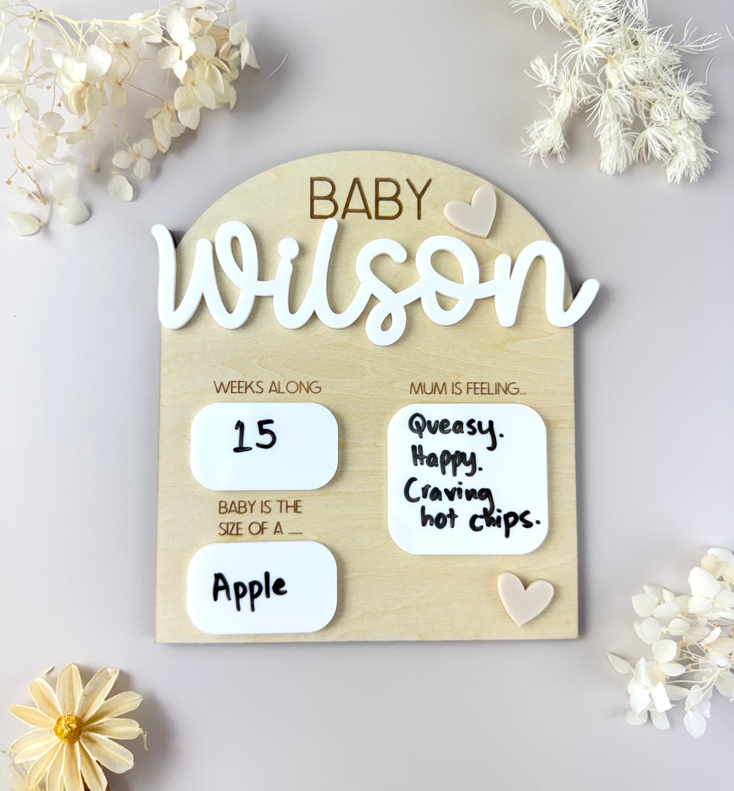 Pregnancy Milestone Plaque - Personalised - Neutral Hearts
