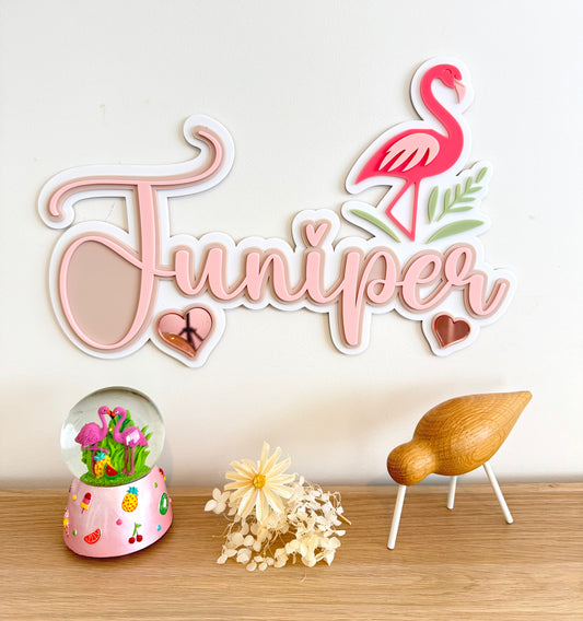 Custom Name Sign Detailed | Triple layered acrylic name plaque - Flamingo