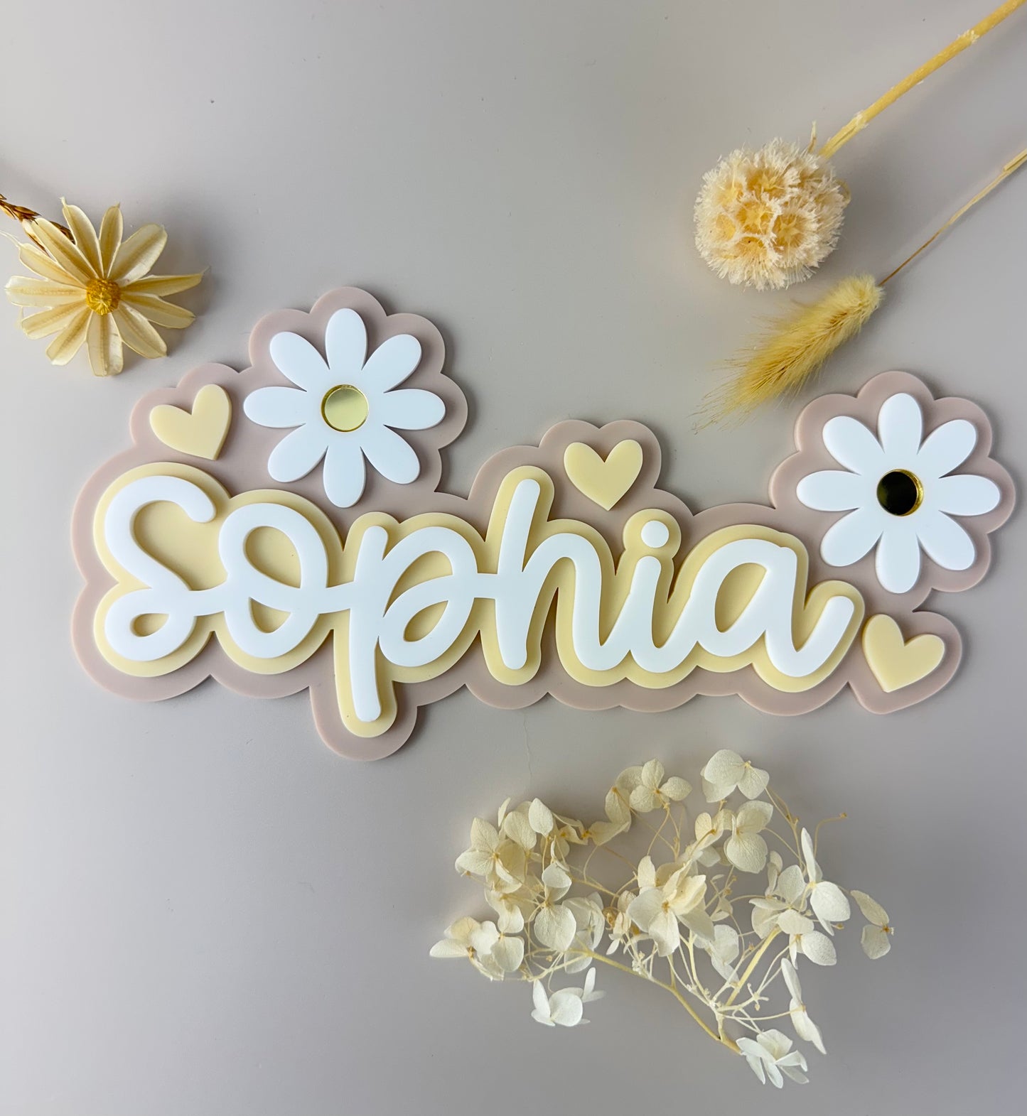 Custom Name Sign Detailed | Triple layered acrylic name plaque - Neutral Floral