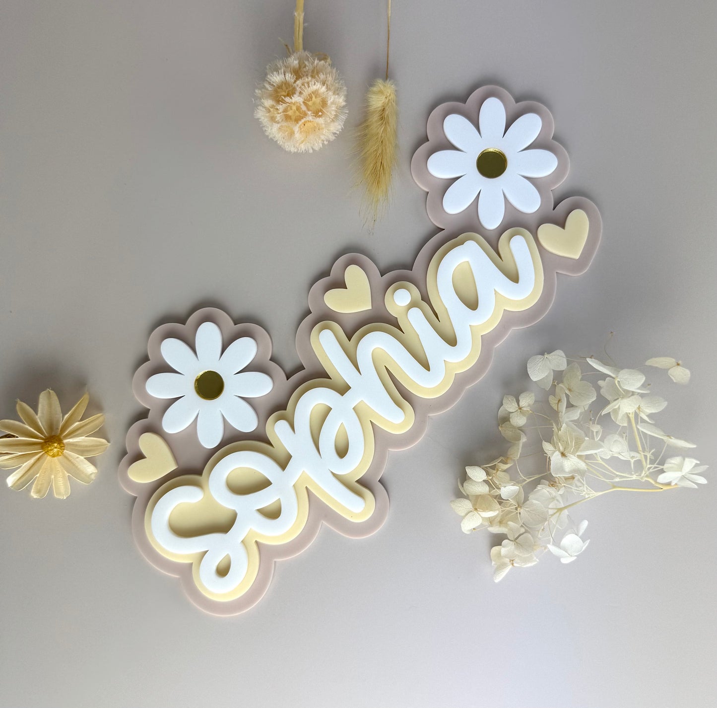 Custom Name Sign Detailed | Triple layered acrylic name plaque - Neutral Floral