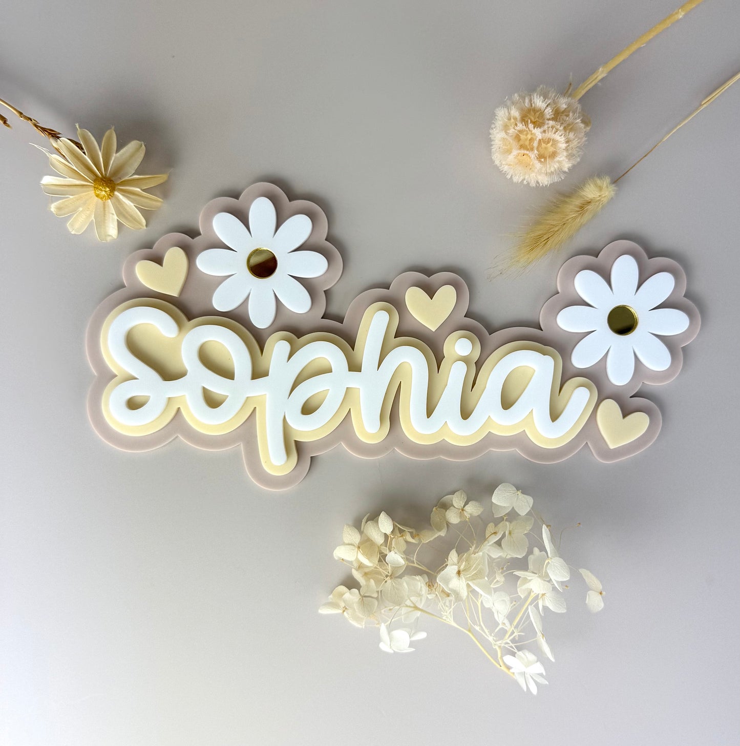 Custom Name Sign Detailed | Triple layered acrylic name plaque - Neutral Floral
