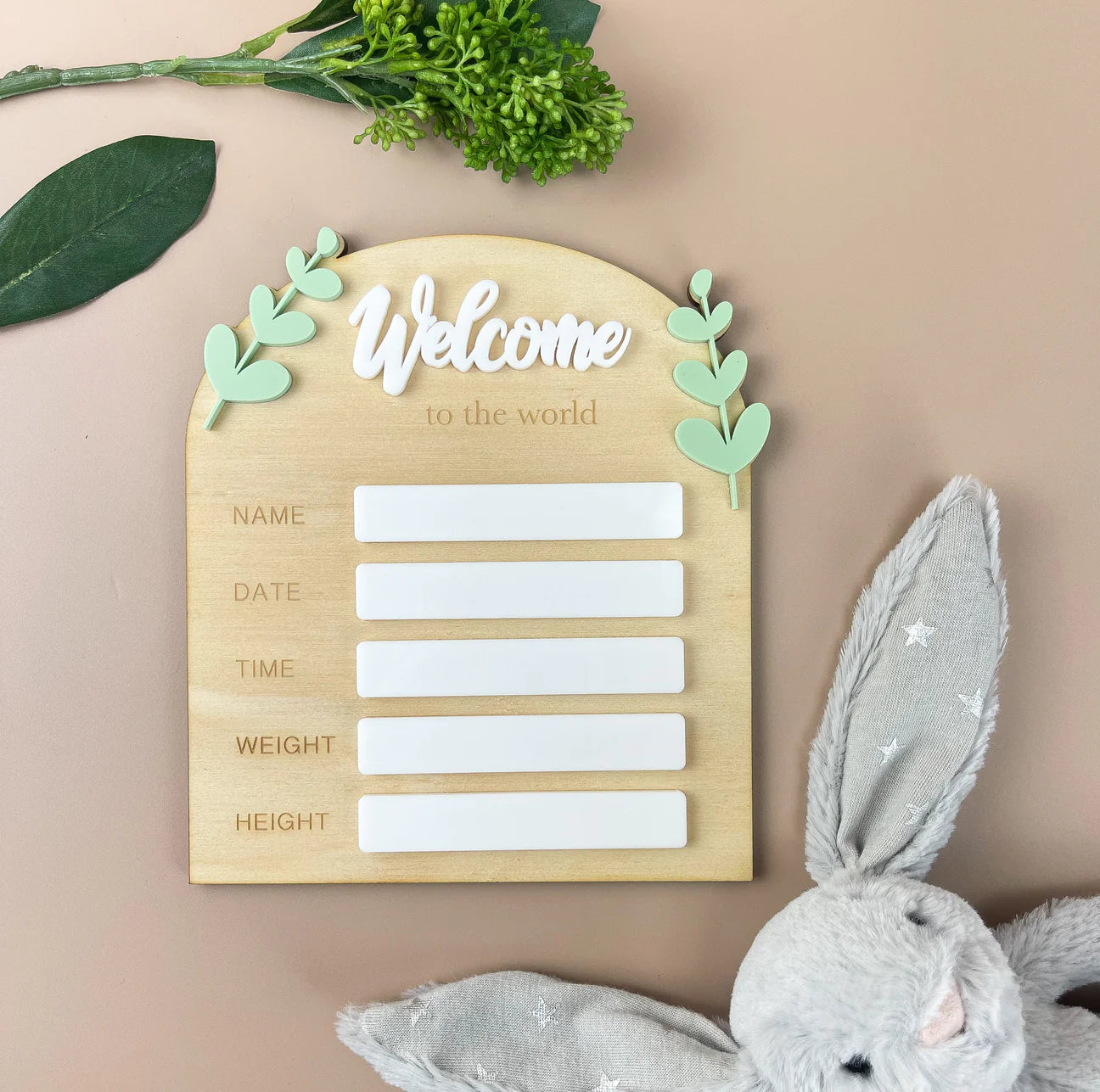 Birth Plaque - Welcome to the World - Leafy Acrylic