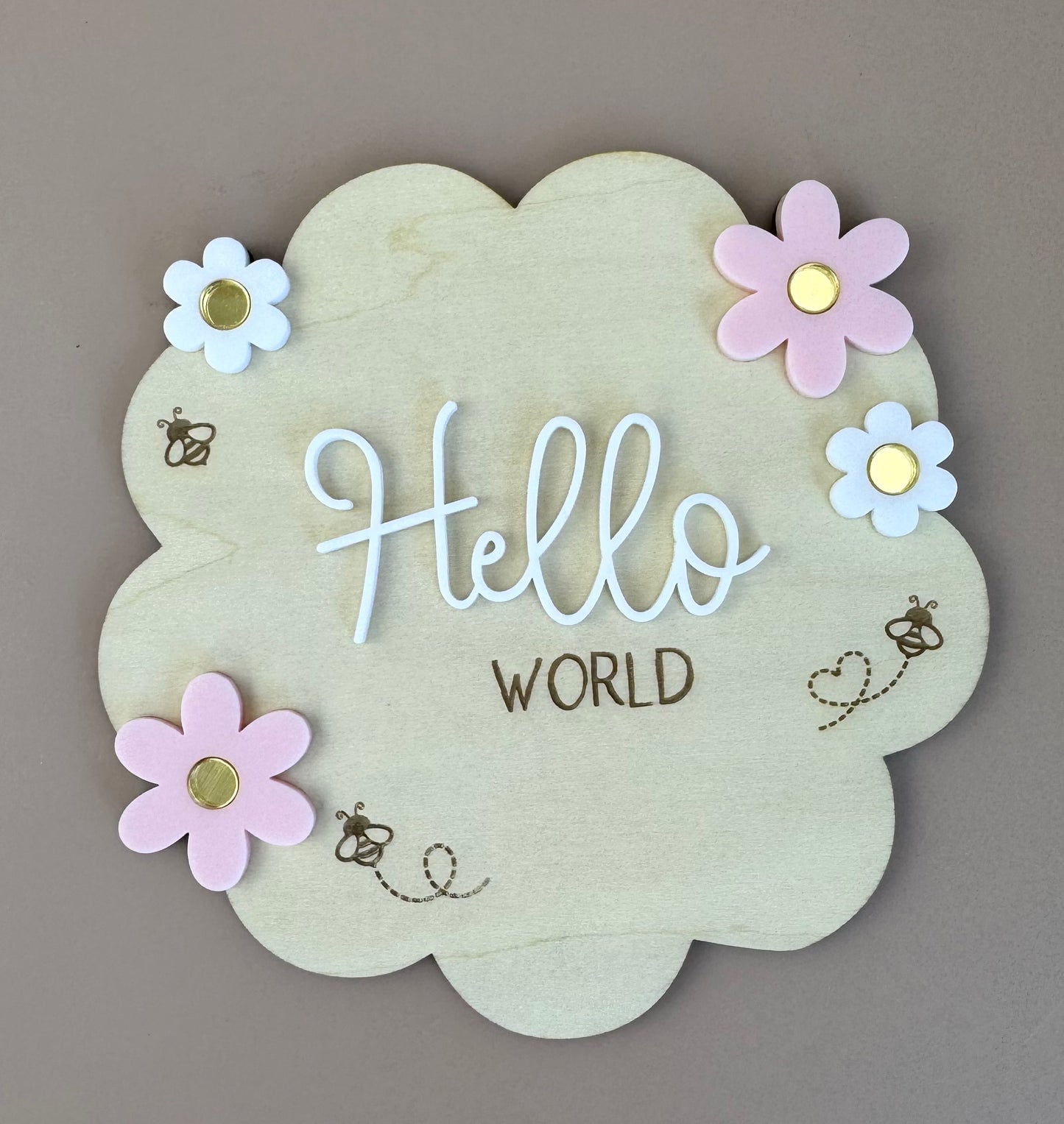 Hello World - Flower Bees - Birth Announcement Plaque