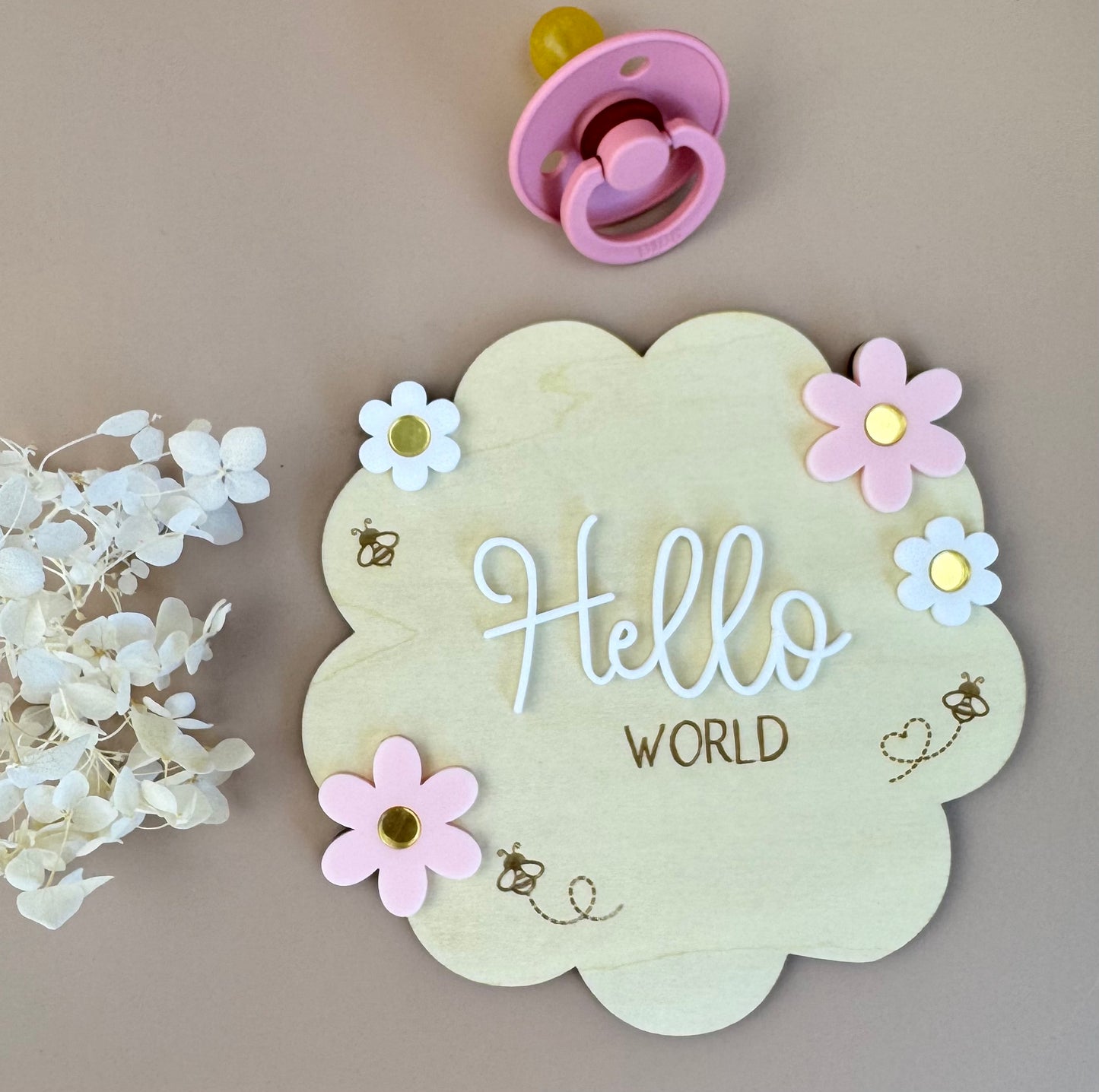 Hello World - Flower Bees - Birth Announcement Plaque