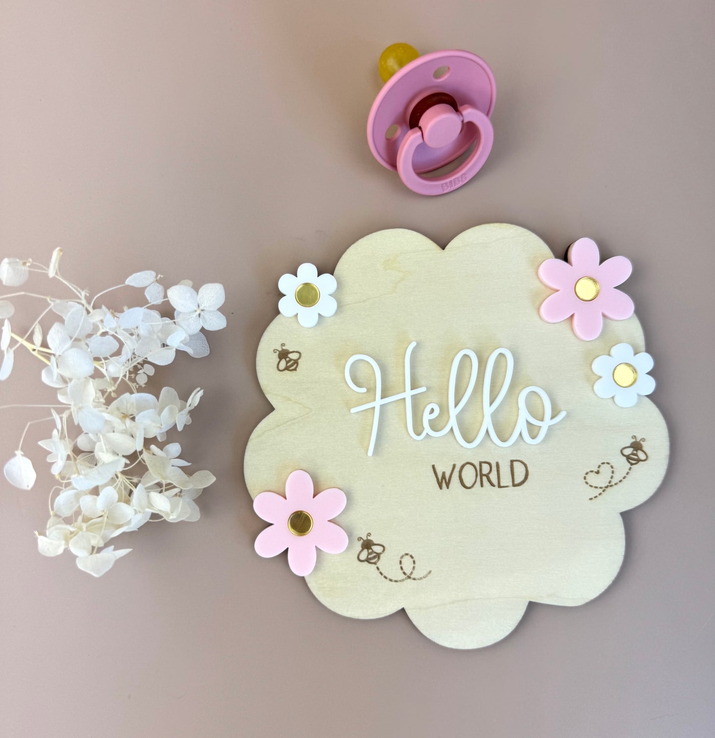 Hello World - Flower Bees - Birth Announcement Plaque