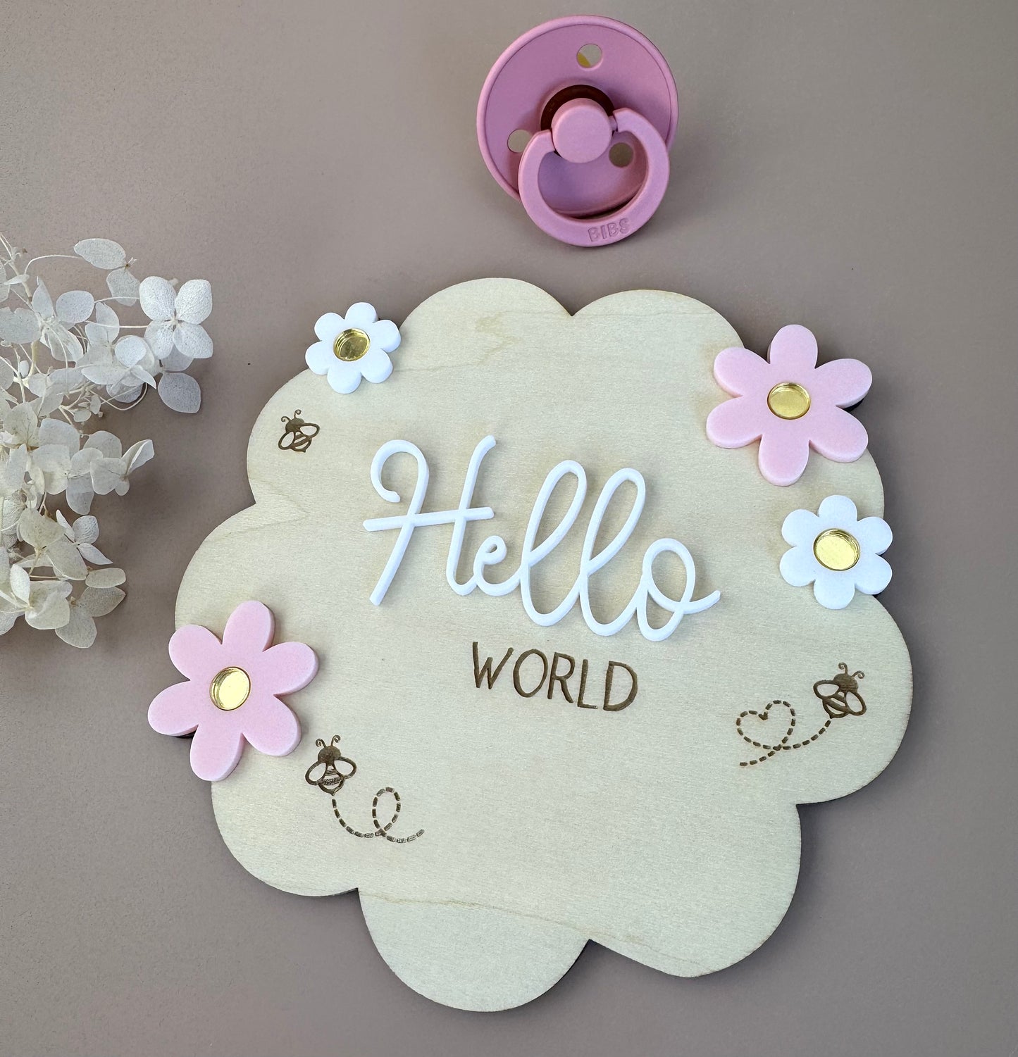 Hello World - Flower Bees - Birth Announcement Plaque