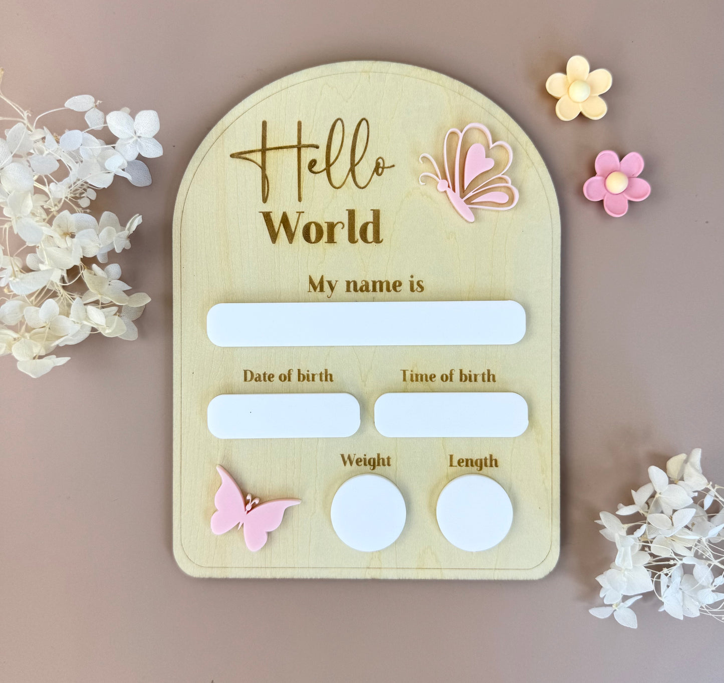 Birth Plaque - Hello World - Butterflies