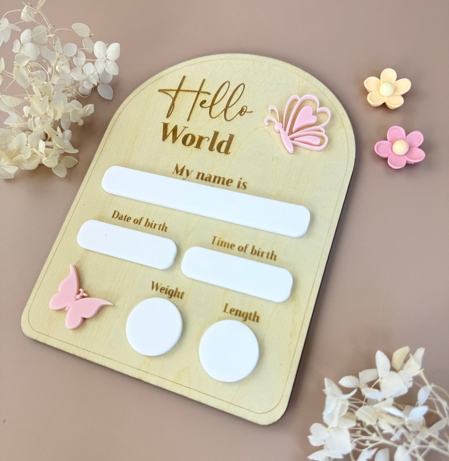 Birth Plaque - Hello World - Butterflies