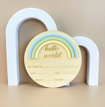 Hello World - Rainbow - Blue/Green - Birth Announcement Plaque