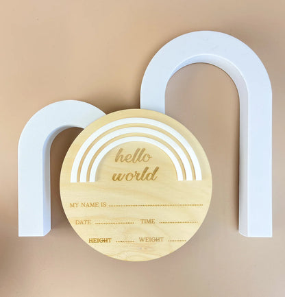 Hello World - Rainbow - White - Birth Announcement Plaque