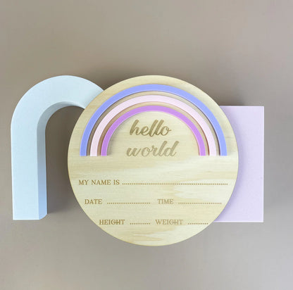 Hello World - Rainbow - Pink/Purple - Birth Announcement Plaque