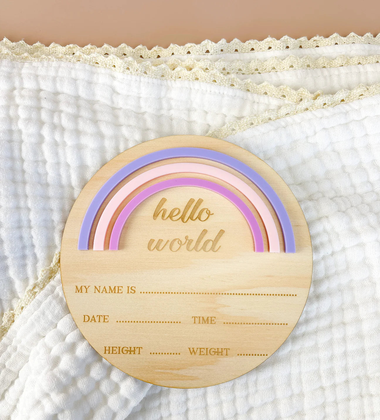 Hello World - Rainbow - Pink/Purple - Birth Announcement Plaque