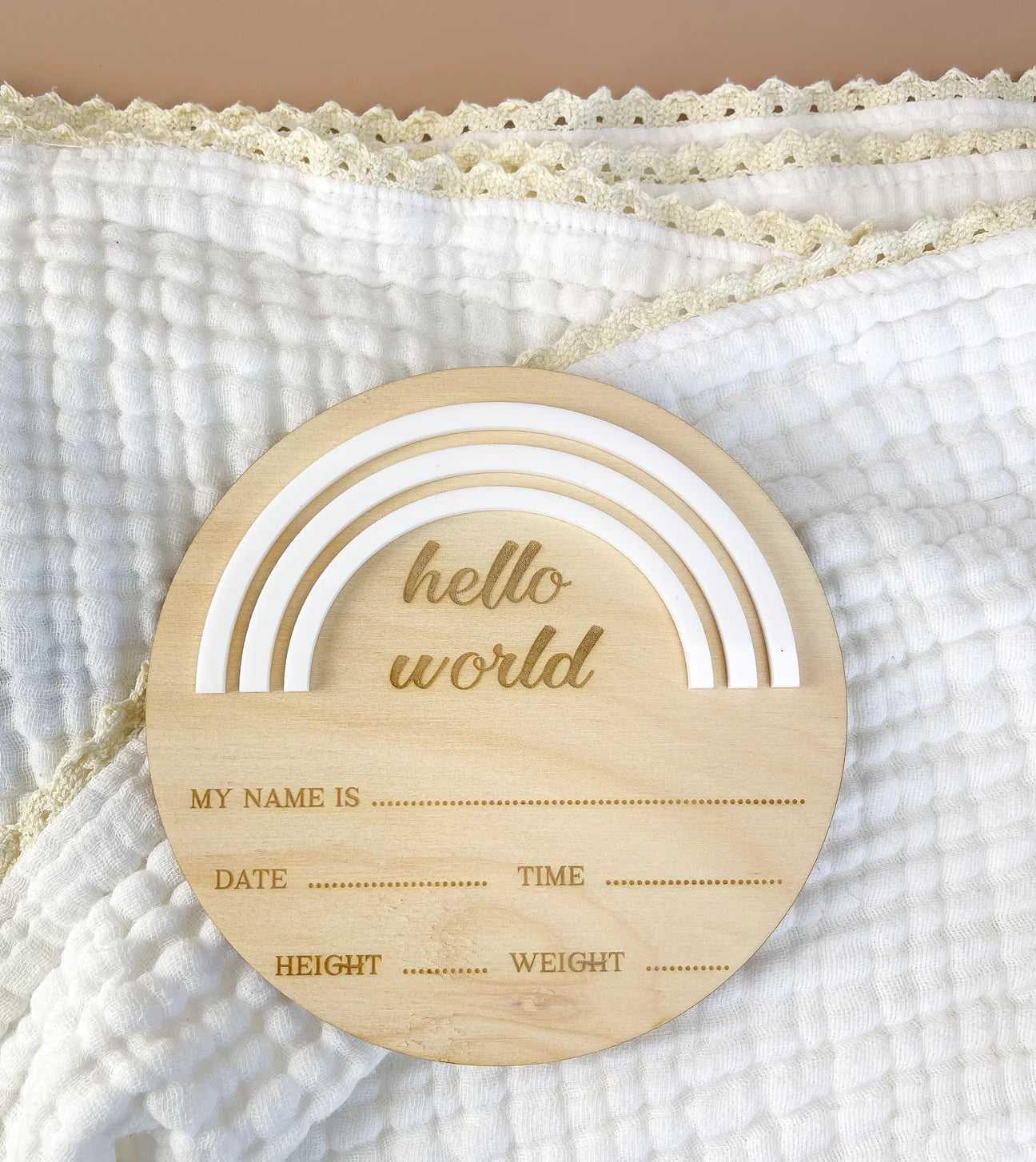 Hello World - Rainbow - White - Birth Announcement Plaque