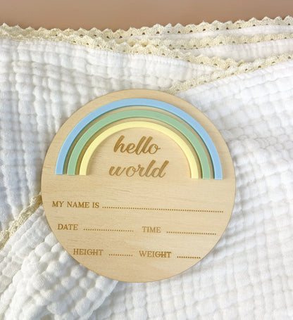 Hello World - Rainbow - Blue/Green - Birth Announcement Plaque