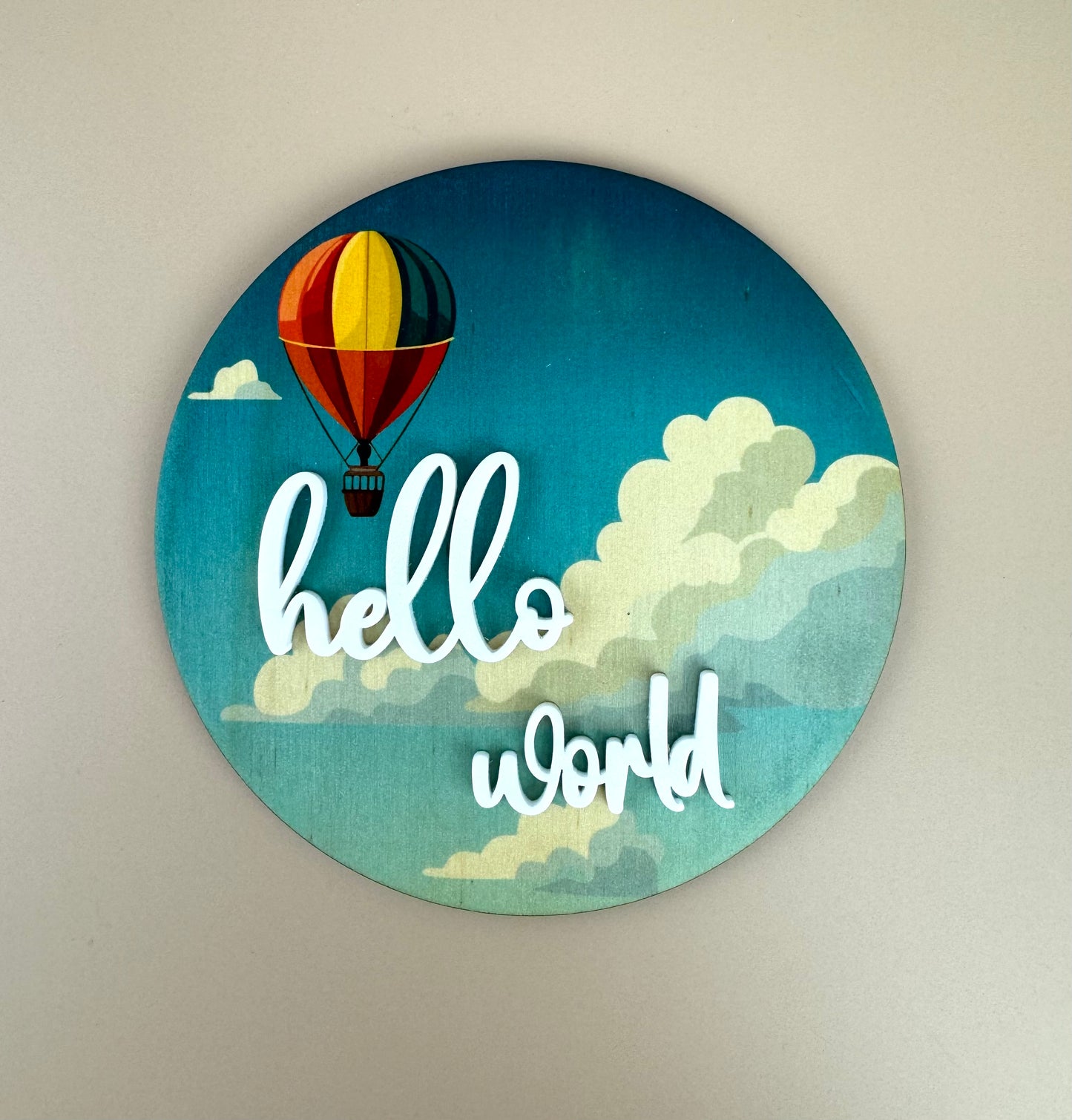 Hello World - Hot Air Balloon Sky - Announcement Plaque