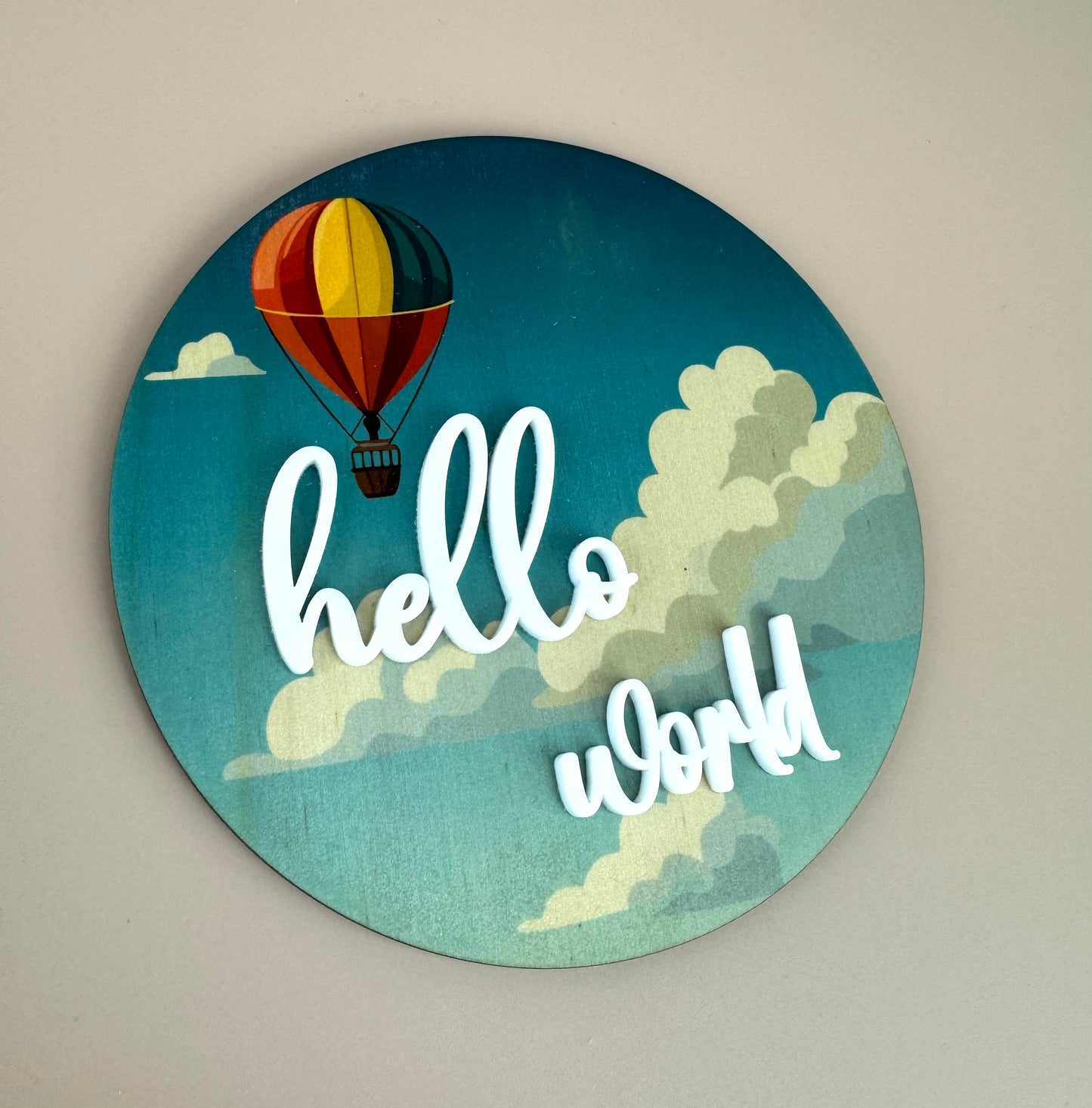 Hello World - Hot Air Balloon Sky - Announcement Plaque