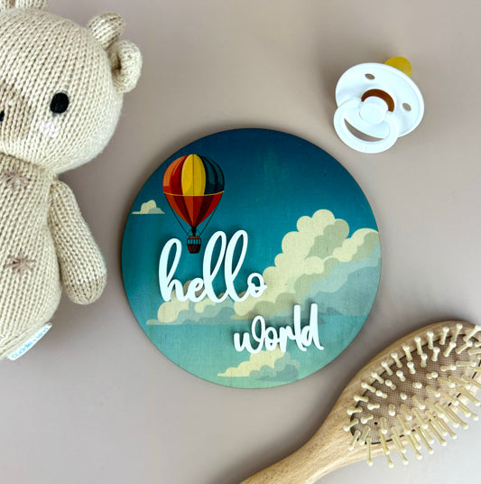 Hello World - Hot Air Balloon Sky - Announcement Plaque