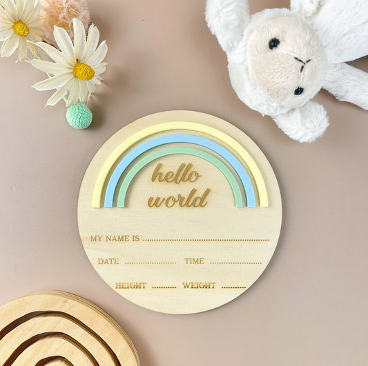 Hello World - Rainbow - Blue/Green - Birth Announcement Plaque