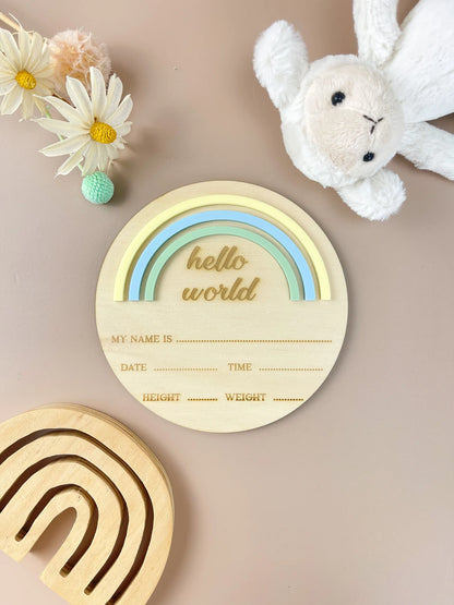 Hello World - Rainbow - Blue/Green - Birth Announcement Plaque