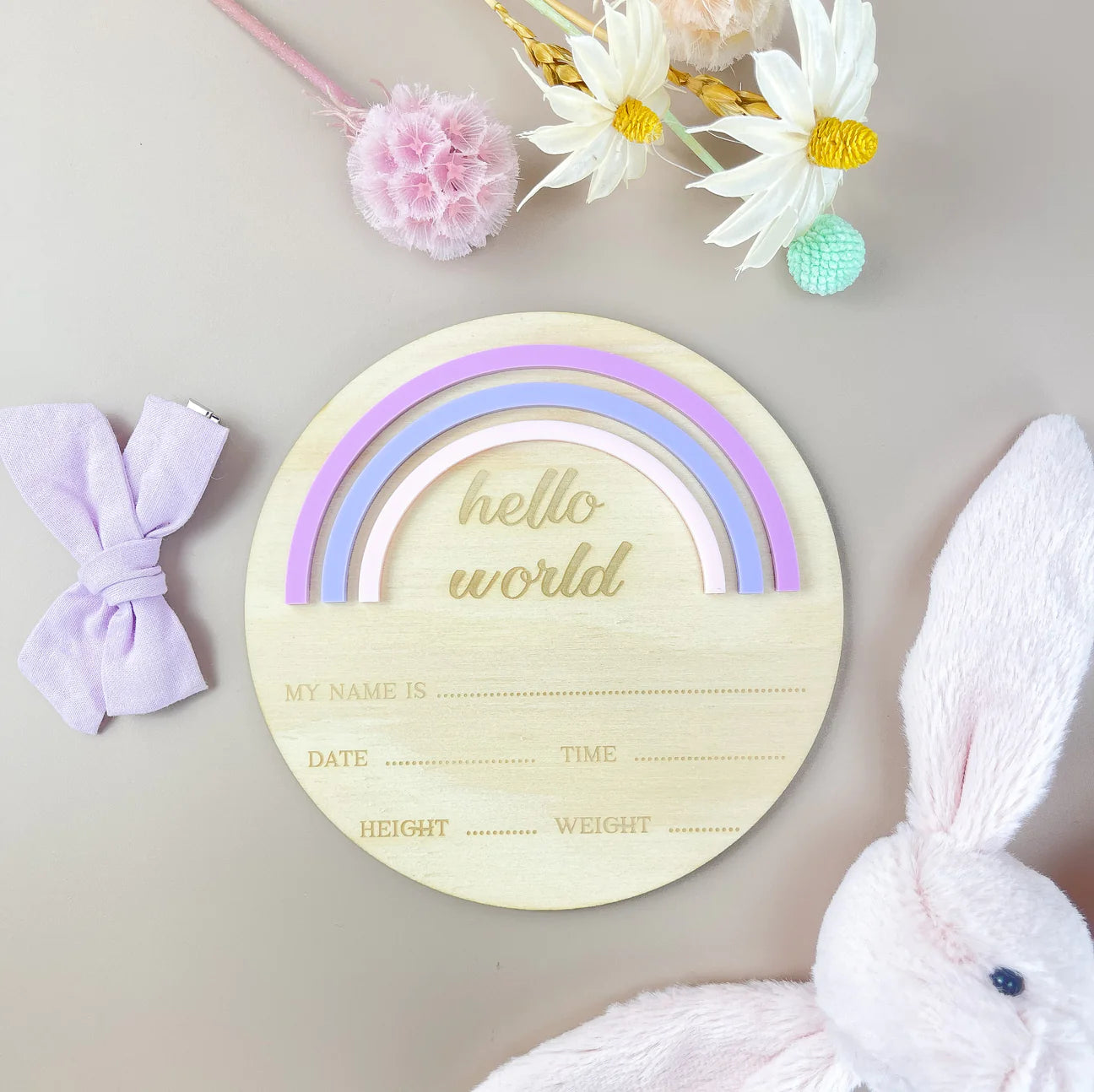 Hello World - Rainbow - Pink/Purple - Birth Announcement Plaque