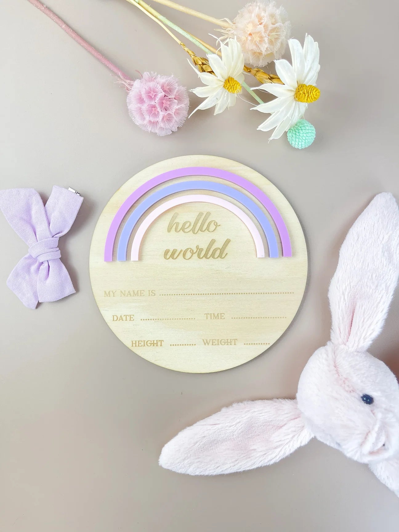 Hello World - Rainbow - Pink/Purple - Birth Announcement Plaque