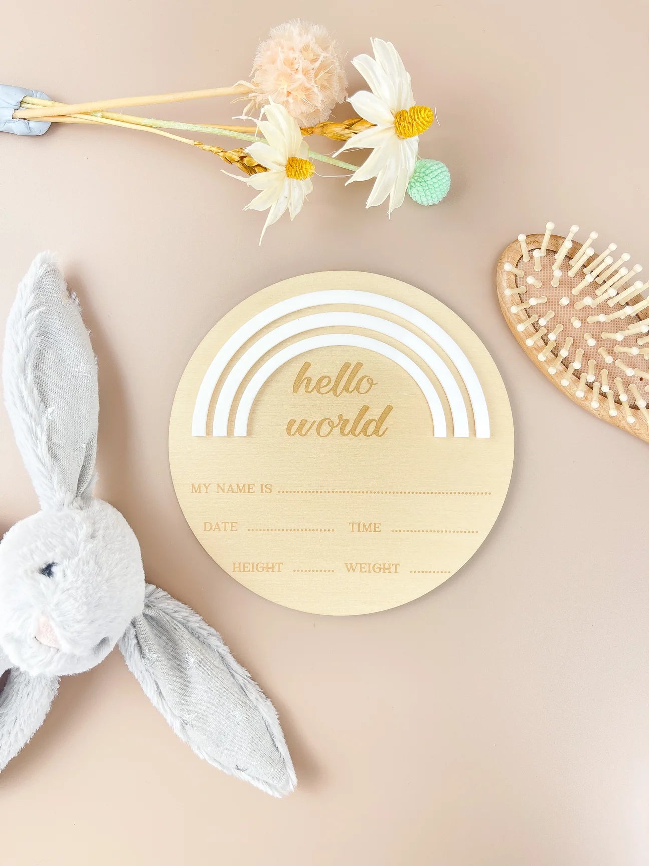 Hello World - Rainbow - White - Birth Announcement Plaque