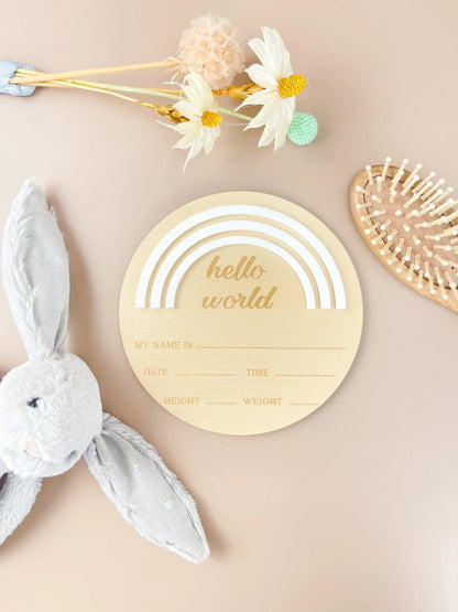 Hello World - Rainbow - White - Birth Announcement Plaque