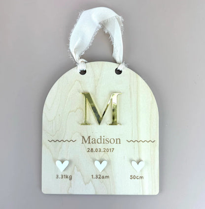 Custom Birth Details Sign - Hanging mirrored initial