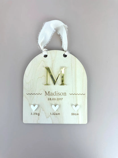 Custom Birth Details Sign - Hanging mirrored initial