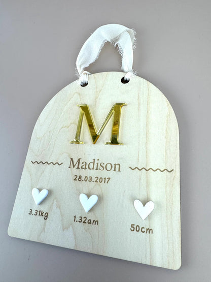 Custom Birth Details Sign - Hanging mirrored initial