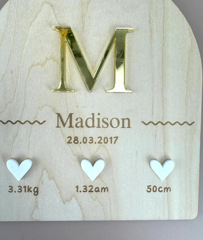 Custom Birth Details Sign - Hanging mirrored initial