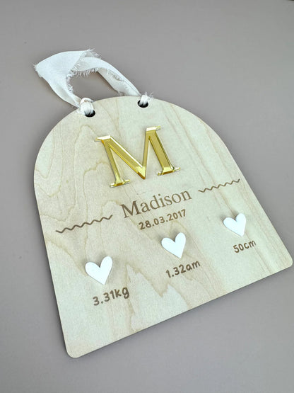 Custom Birth Details Sign - Hanging mirrored initial