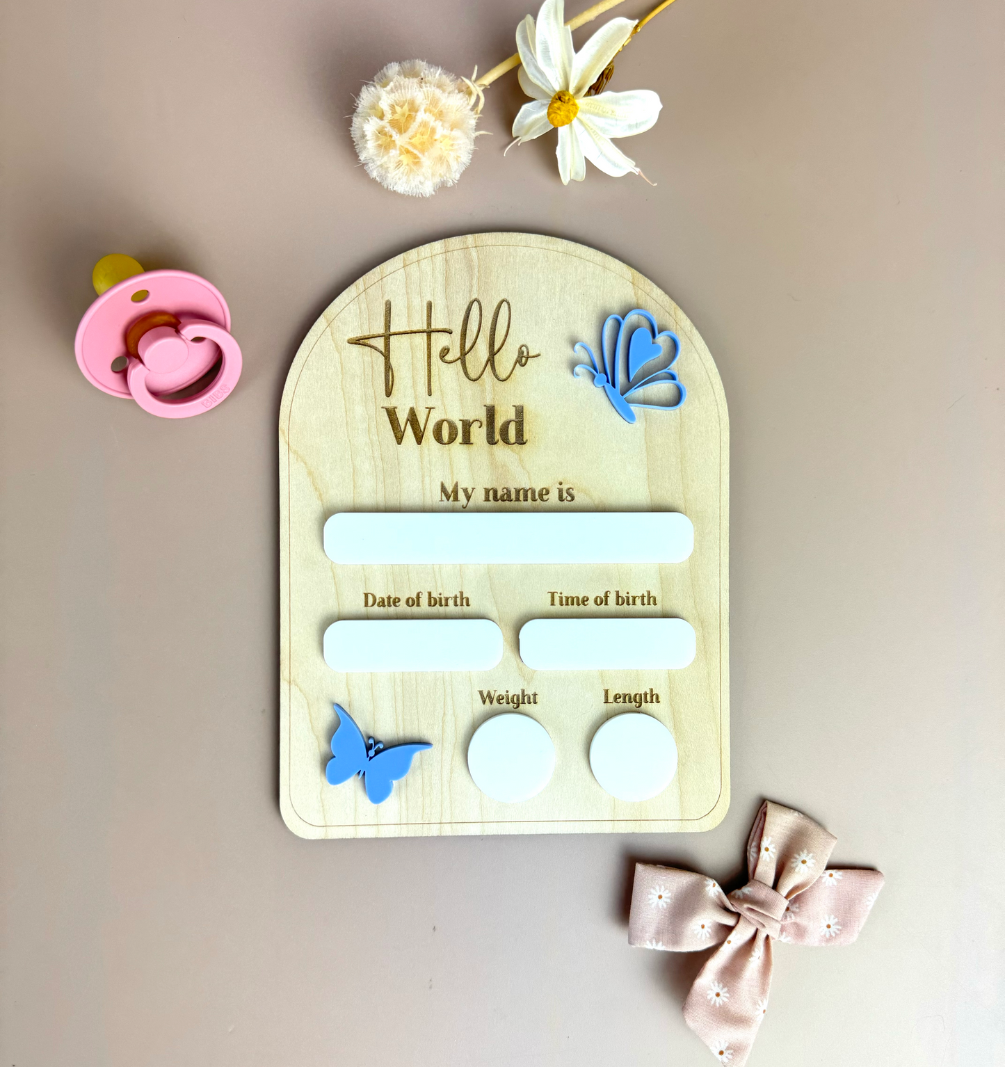 Birth Plaque - Hello World - Butterflies