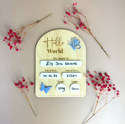 Birth Plaque - Hello World - Butterflies