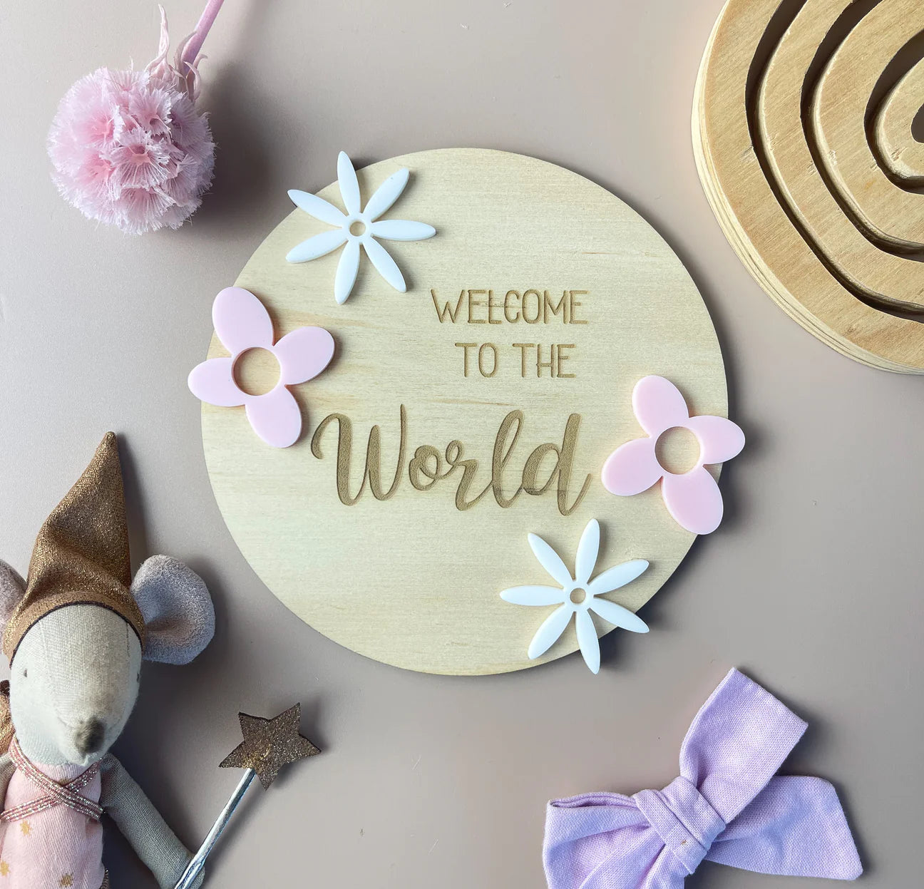 Welcome to the World - Pink & White Flowers - Birth Announcement Disc