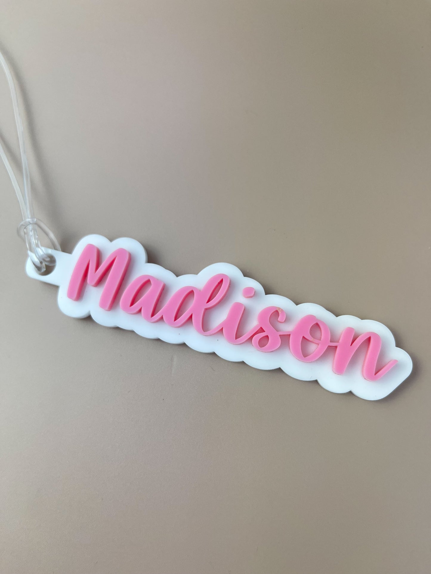 Personalised Bag Tag Name - Pink on white