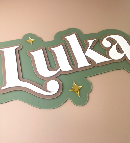 Custom Name Sign Detailed | Triple layered acrylic name plaque - Olive | Mocha | White | Stars