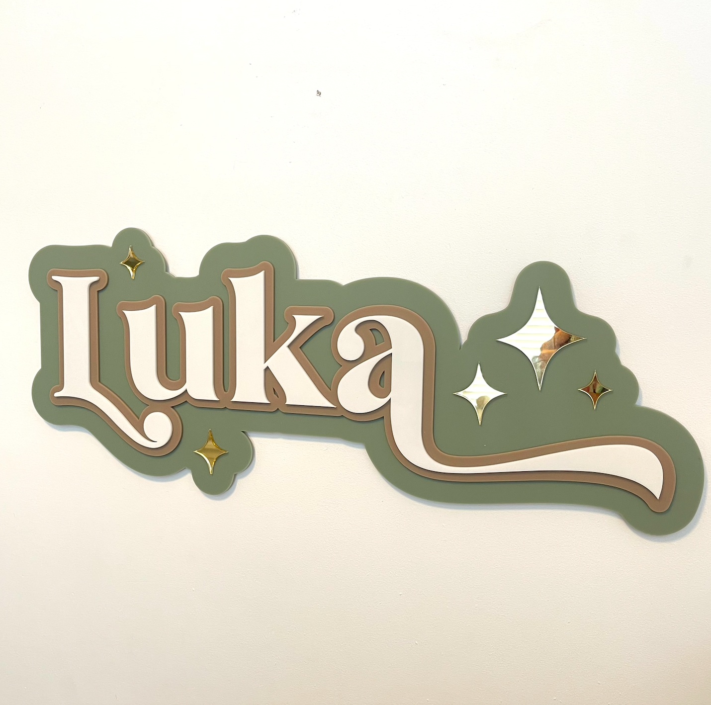 Custom Name Sign Detailed | Triple layered acrylic name plaque - Olive | Mocha | White | Stars