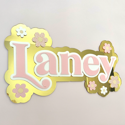 Custom Name Sign Detailed | Triple layered acrylic name plaque - Mirrored Gold | White | Pink | Flowers