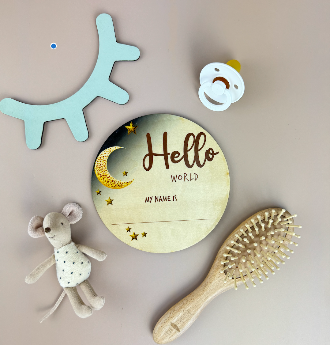 Hello World my name is - Moon & Stars - Announcement Plaque