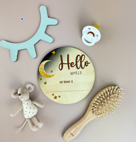 Hello World my name is - Moon & Stars - Announcement Plaque