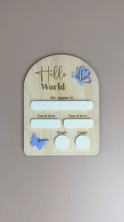 Birth Plaque - Hello World - Butterflies